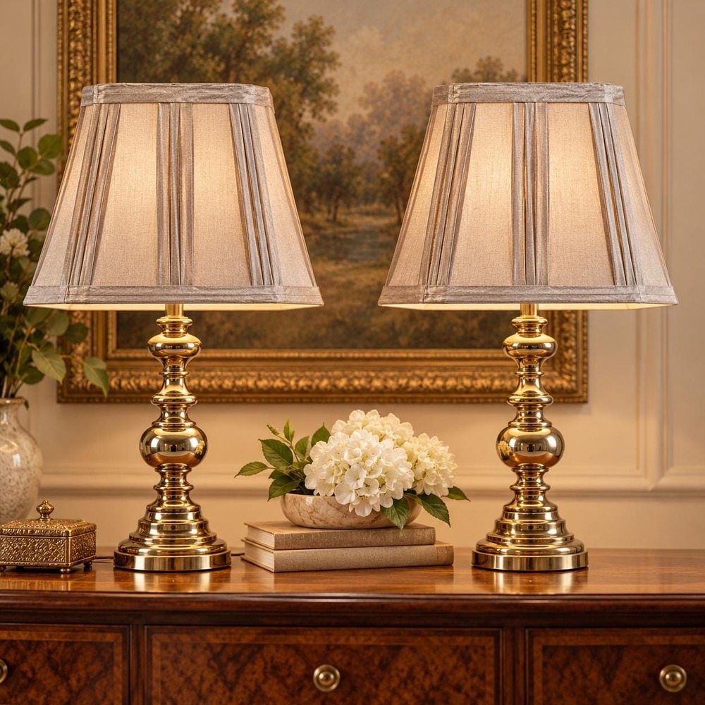 VTG Pair Pleated Lamp Shades ONLY Champagne Taupe UNO Fitter Rectangular Bell